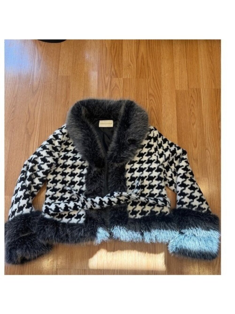 Sierra Darien Penny Lane Houndstooth Faux Fur Belted Jacket Black White Women M